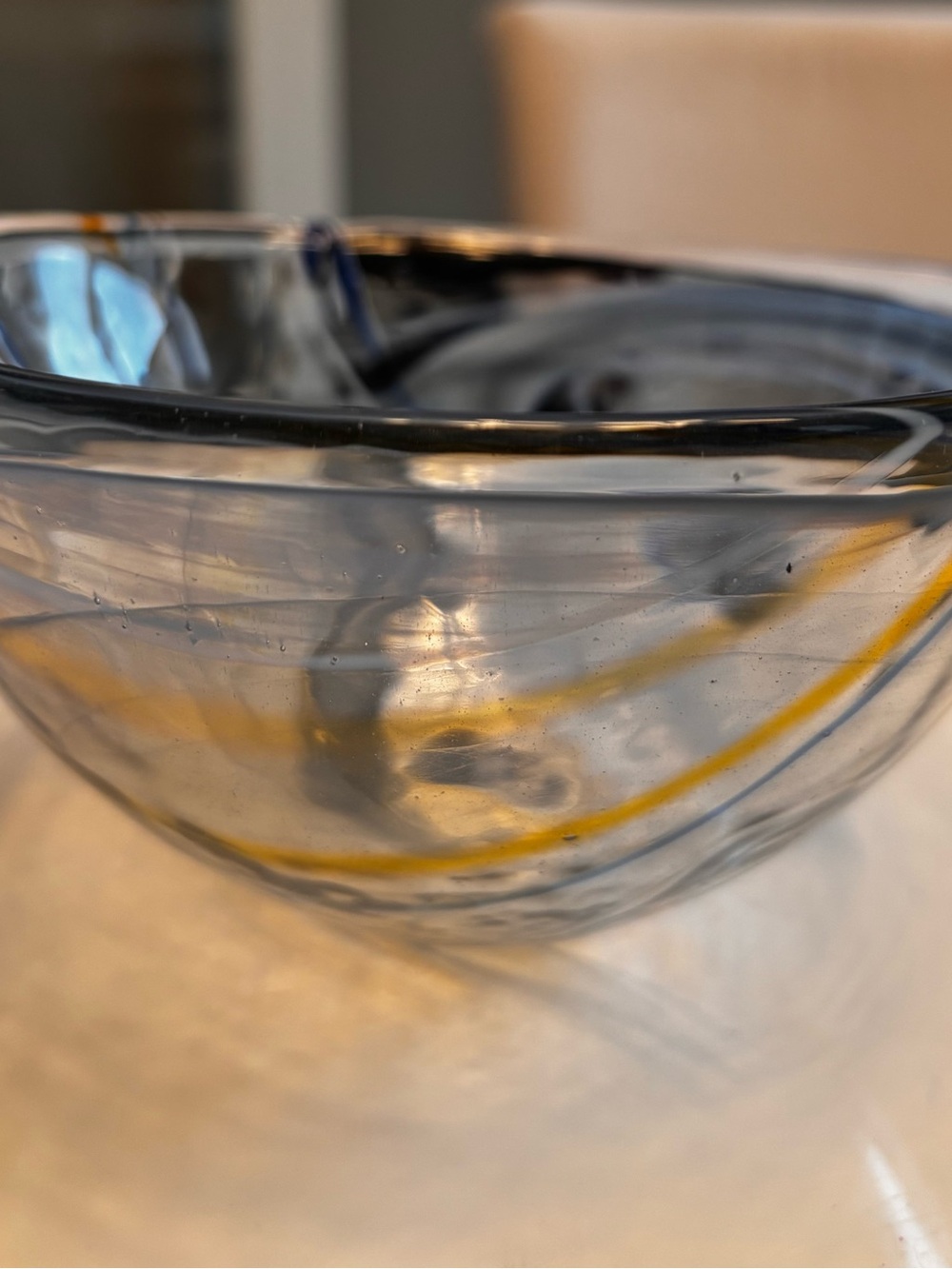 Kosta Boda Hand-Blown Glass Art Bowl in Navy with Amber Accents with Gift Box
